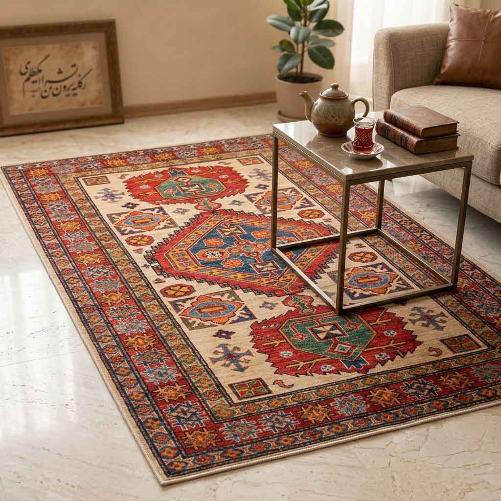 فرشینه سنتی طرح قفقازی سه‌مدالیون لاکی